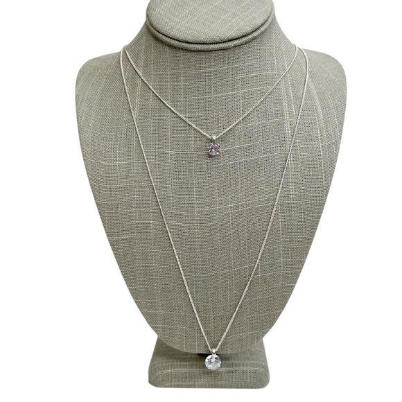 Cubic Zirconia Double Layered Dainty Silver Chain Necklace - Picture 1 of 15